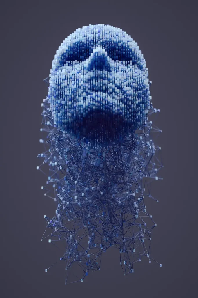 IA pensando, mostrada como la cabeza de una persona que se va construyendo, bloque a bloque