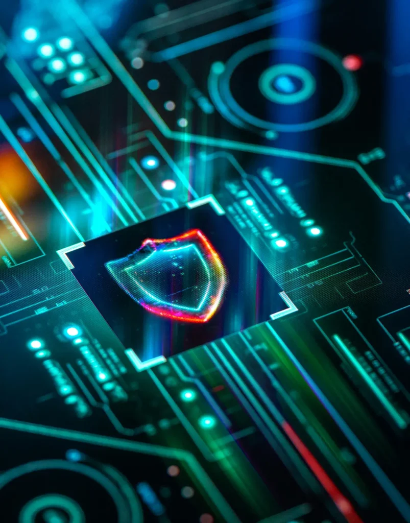 Chip con un icono de seguridad que simboliza la protección antimalware de una web